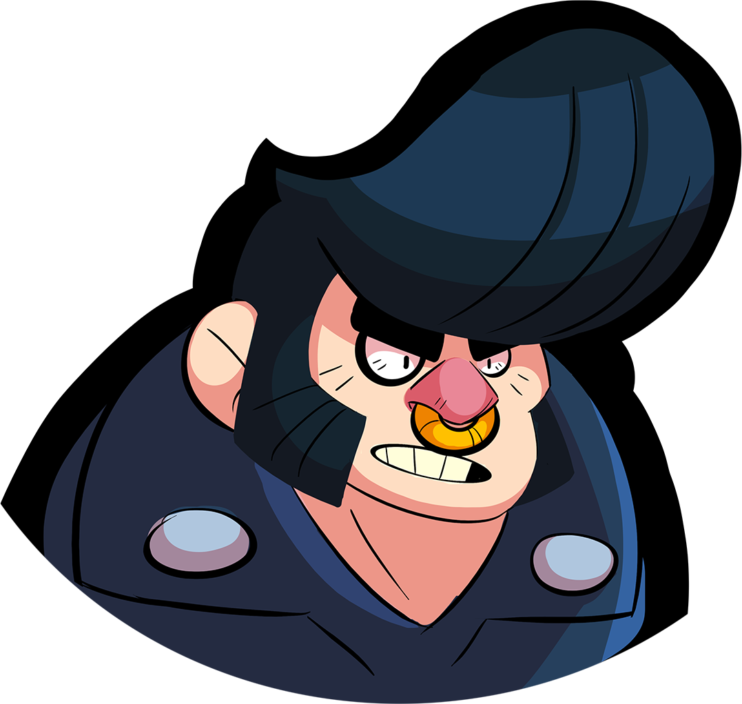 Brawl Stars 角色 Bull 畫作 壁紙 — 一個憤怒的卡通角色，戴著大黑帽和黃色鼻子，在黑色背景上做鬼臉。