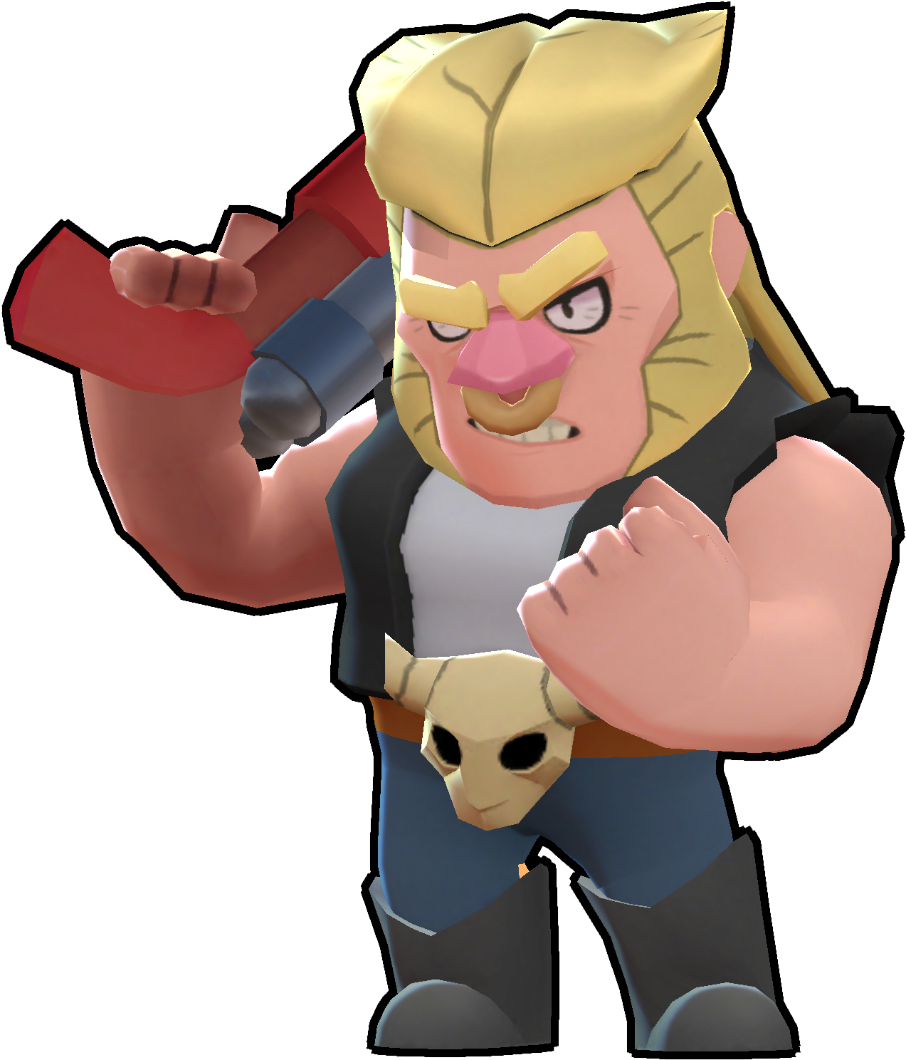 Brawl Stars 角色 Bull 搏鬥者 壁紙 — 一個肌肉發達的卡通角色，金髮，表情憤怒，手持紅色和藍色武器。