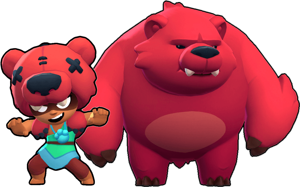Brawl Stars 尼塔與熊召喚獸 壁紙 — 一個穿著藍色服裝的小紅熊角色自信地站在一隻大憤怒的紅熊旁邊，背景為黑色。