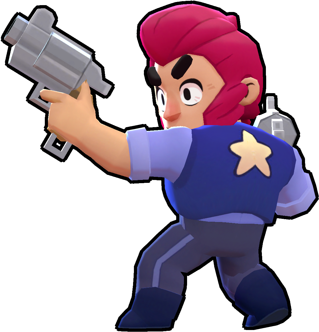 Brawl Stars 角色 Colt 行動姿勢 壁紙 — 一個粉紅色頭髮、穿著星星背心的卡通角色，以動態姿勢瞄準一把銀色手槍。