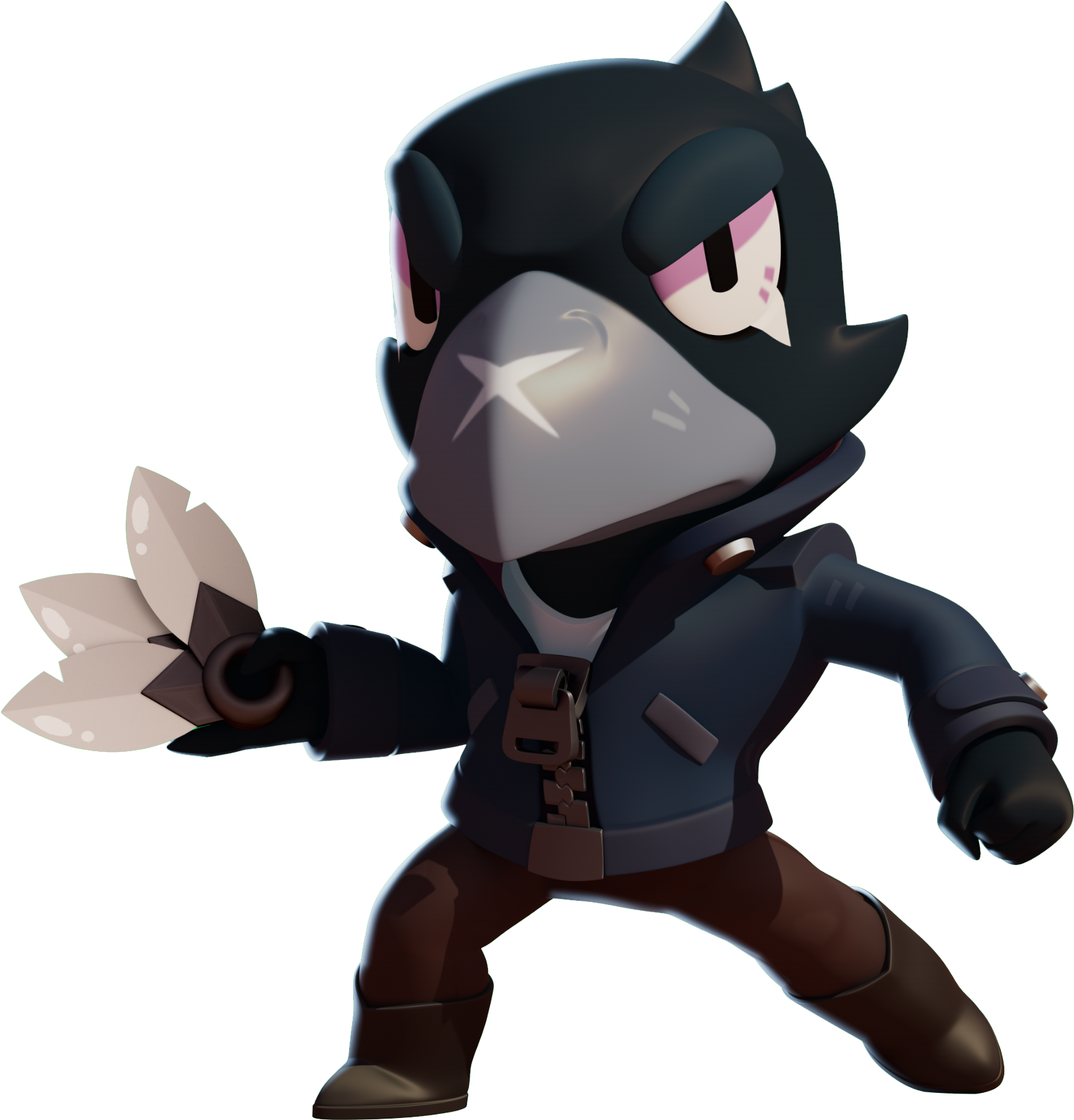 Brawl Stars 角色 Crow 3D 呈現 壁紙 — 一個風格化的黑色鳥角色穿著深色外套，在黑色背景前揮動白色扇子。