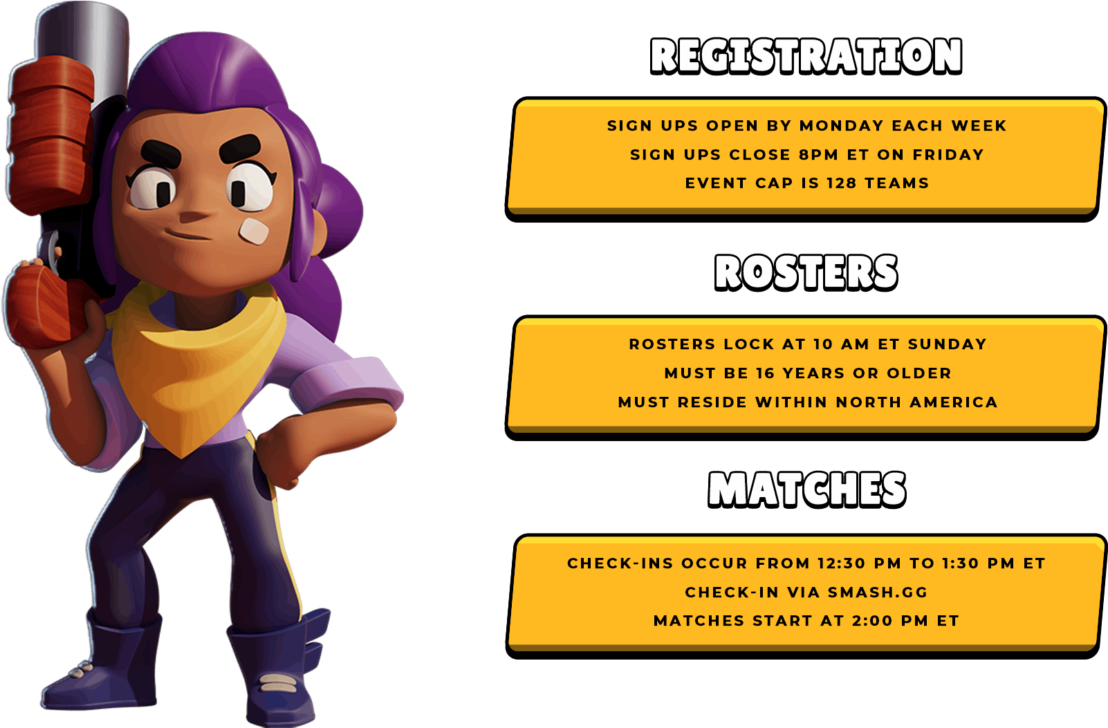 Brawl Stars 角色註冊公告 壁紙 — 一個紫色頭髮、戴黃色圍巾的卡通角色，在黑色背景前拿著錘子，背景上有黃色文字框詳細說明比賽規則。