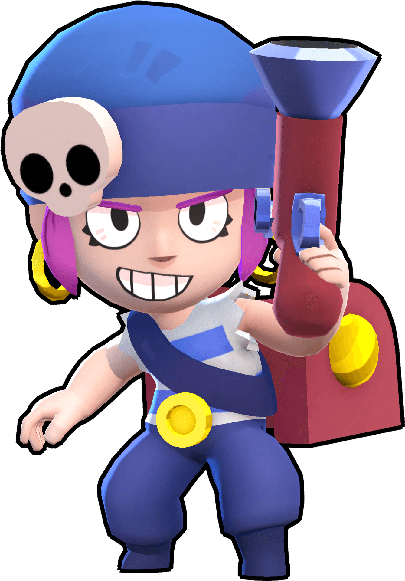 Brawl Stars 比比動作姿勢 壁紙 — 一個開心的卡通海盜角色，紫色頭髮，戴骷髏帽，在黑色背景上揮舞紅色爆能槍。