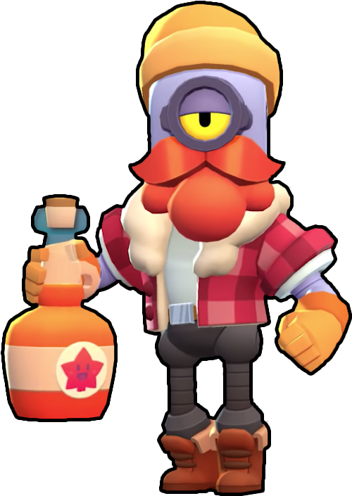 Brawl Stars Dynamike 角色 壁紙 — 一個卡通風格、單眼的角色，戴著黃色冷帽和穿著紅色格仔恤衫，手持一個有星星標籤的藥水瓶。