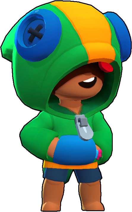Brawl Stars 萊昂角色渲染 壁紙 — 一個穿著帶有藍色和黃色點綴的綠色連帽衫的開朗卡通角色，咧嘴笑著拿著一個小工具。