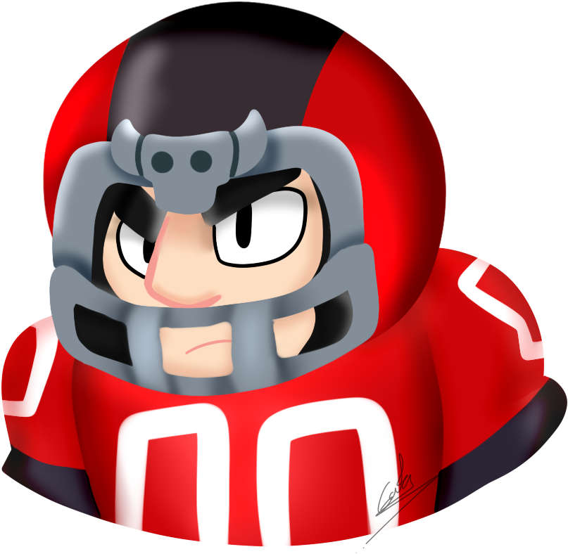 Brawl Stars 角色公牛 壁紙 — 一個卡通美式足球員，身穿紅色球衣和銀色頭盔，憤怒的眼神在黑色背景下凝視。