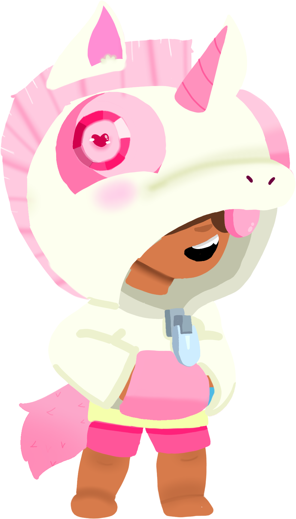 Brawl Stars 獨角獸服裝角色 壁紙 — 一個快樂的孩子穿著粉紅色和白色的獨角獸服裝，有著心形眼睛和角，燦爛地微笑。