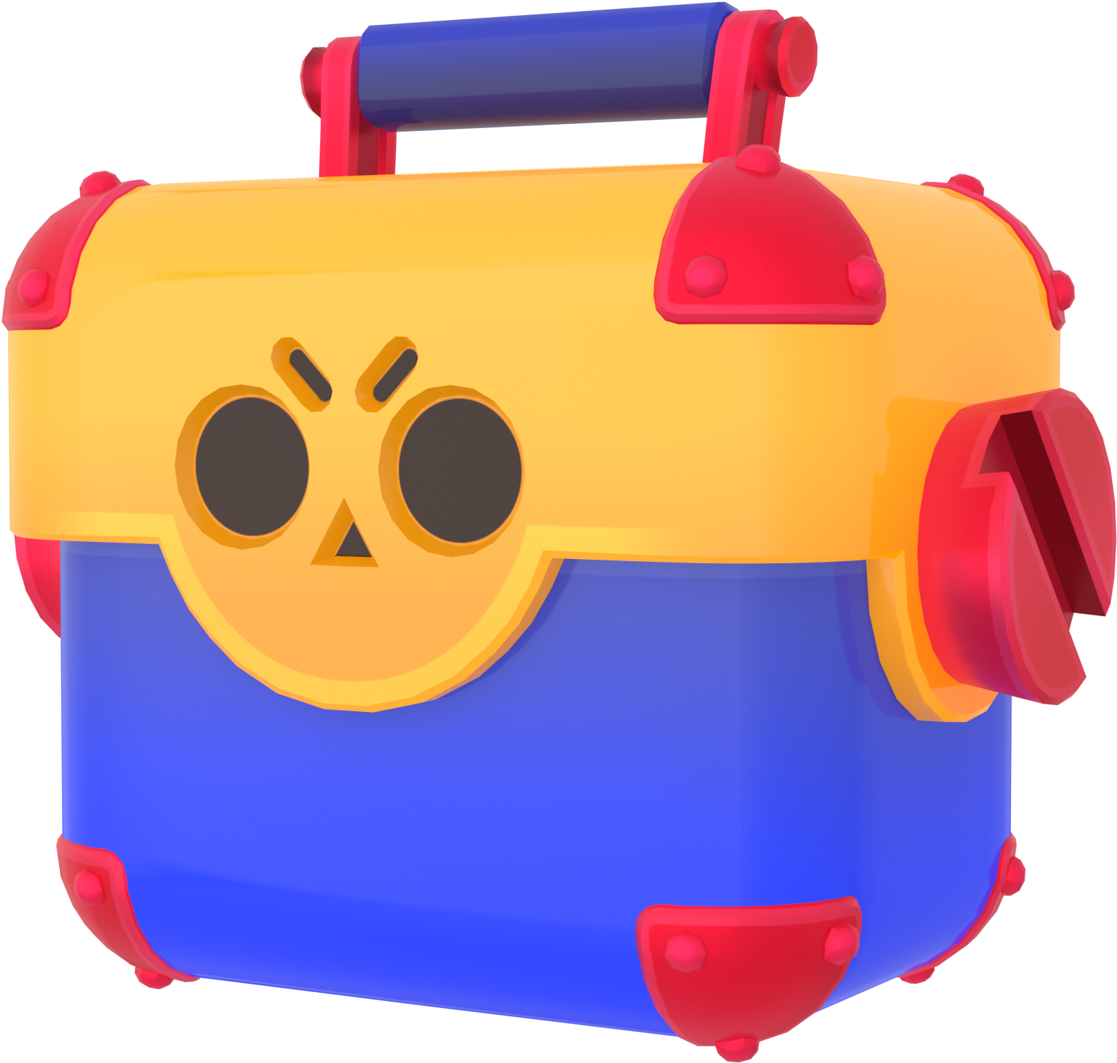 Brawl Stars 遊戲開箱盒 壁紙 — 一個明亮的黃色和藍色卡通工具箱，帶有紅色點綴，前面有一個憤怒的臉。