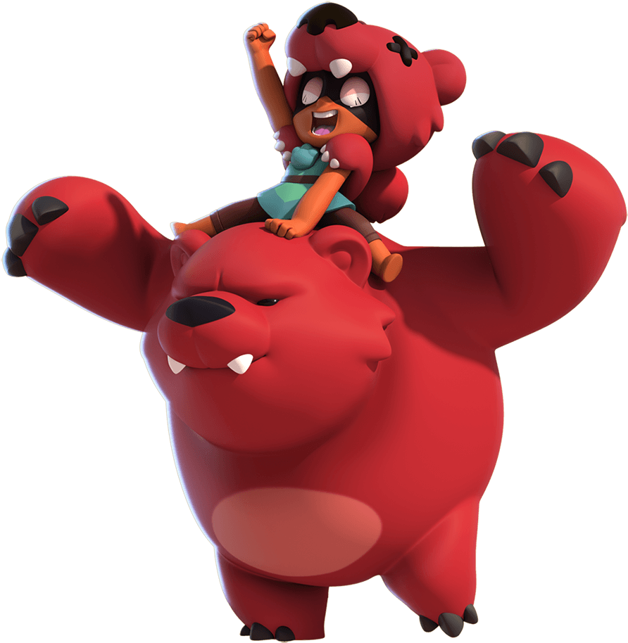 Brawl Stars Nita 與熊角色渲染圖 壁紙 — 一個快樂的卡通小孩穿著紅色熊服裝，騎在一隻舉起爪子、露出勝利笑容的大紅熊上。