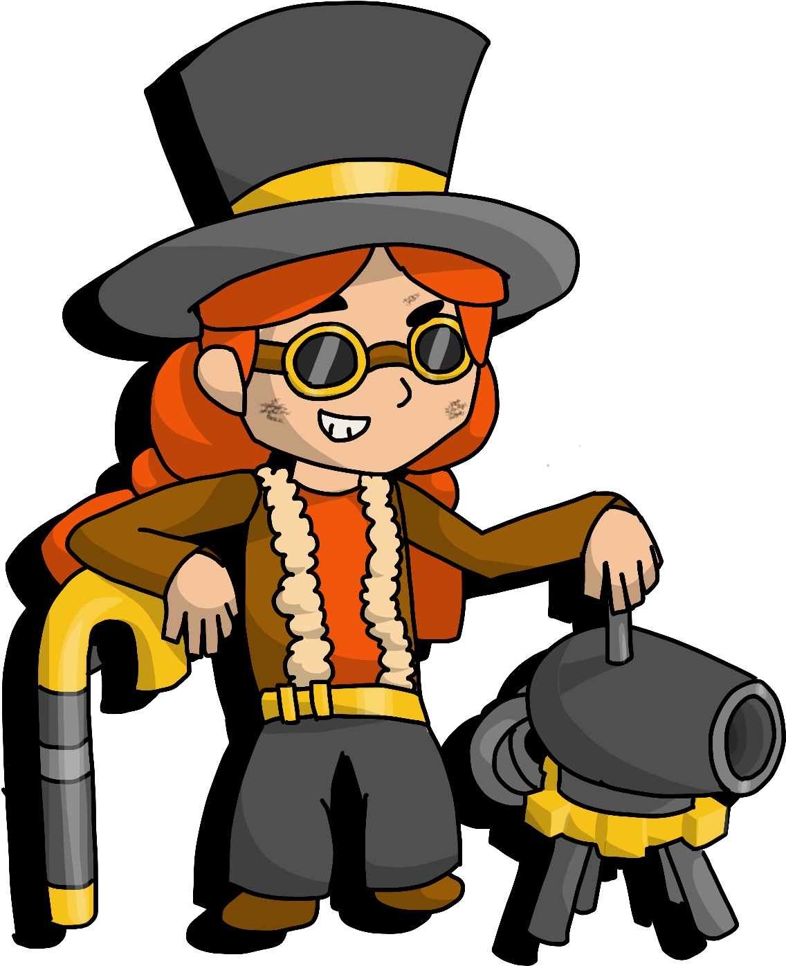 《Brawl Stars》持炮角色 壁紙 — 一個開心的卡通角色，紅頭髮，戴護目鏡，戴高帽，手持手杖和大炮，背景為黑色。
