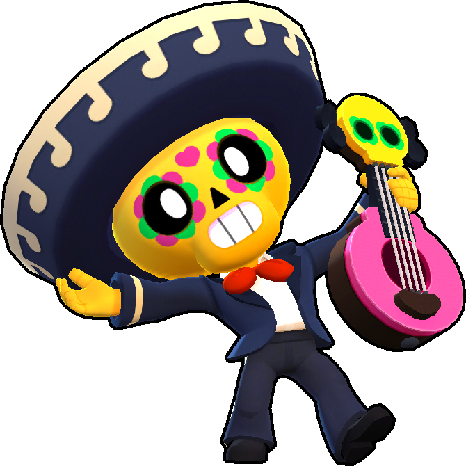 Brawl Stars Poco 獻唱皮膚 壁紙 — 一個充滿活力的卡通骷髏，戴著闊邊帽和西裝，在灰色背景前彈奏粉紅色結他，臉上畫有花卉圖案。