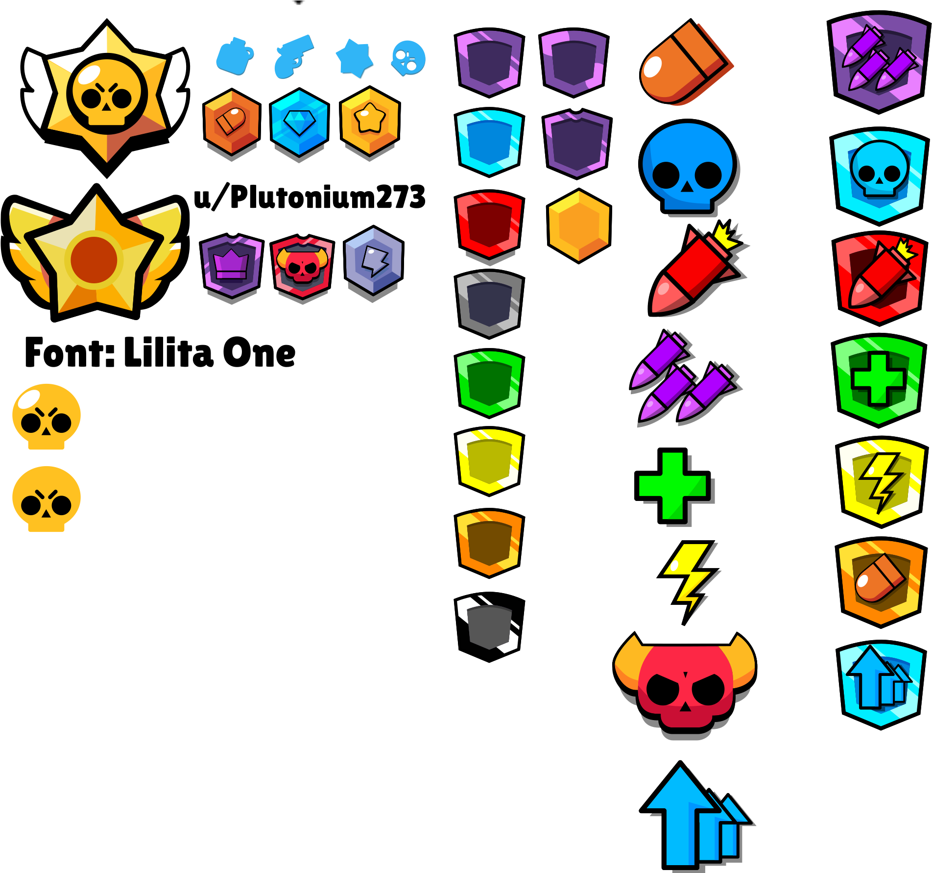 《Brawl Stars》圖標集合 壁紙 — 充滿活力的卡通遊戲圖標，包括骷髏、星星、盾牌和武器，排列在黑色背景上。