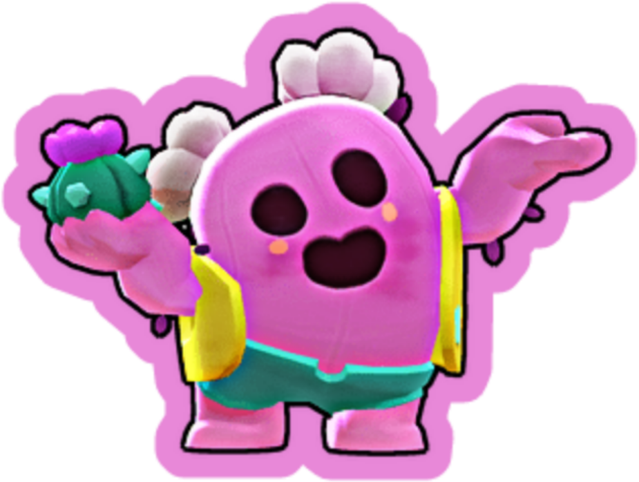 《Brawl Stars》角色 Spike 壁紙 — 一個快樂的粉紅色卡通仙人掌角色，帶有白色絨毛和黃色背包，手持綠色仙人掌並開心地做手勢。