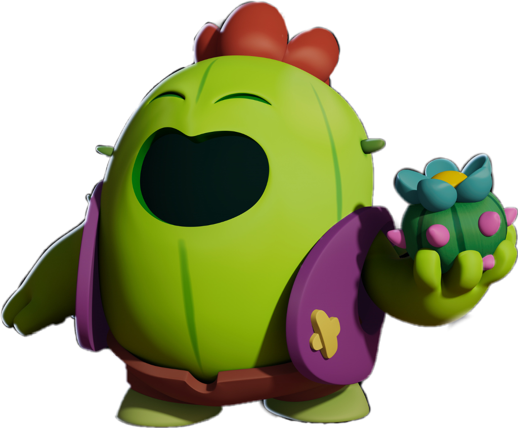 Brawl Stars 角色_spike 壁紙 — 一個開心的綠色仙人掌角色，紅頭髮，紫色背包，手持一朵小仙人掌花，背景為黑色。