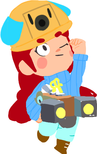 《Brawl Stars》傑西角色藝術圖 壁紙 — 一個開心的卡通角色，紅頭髮，戴黃色頭盔，拿著一個小工具眨眼。
