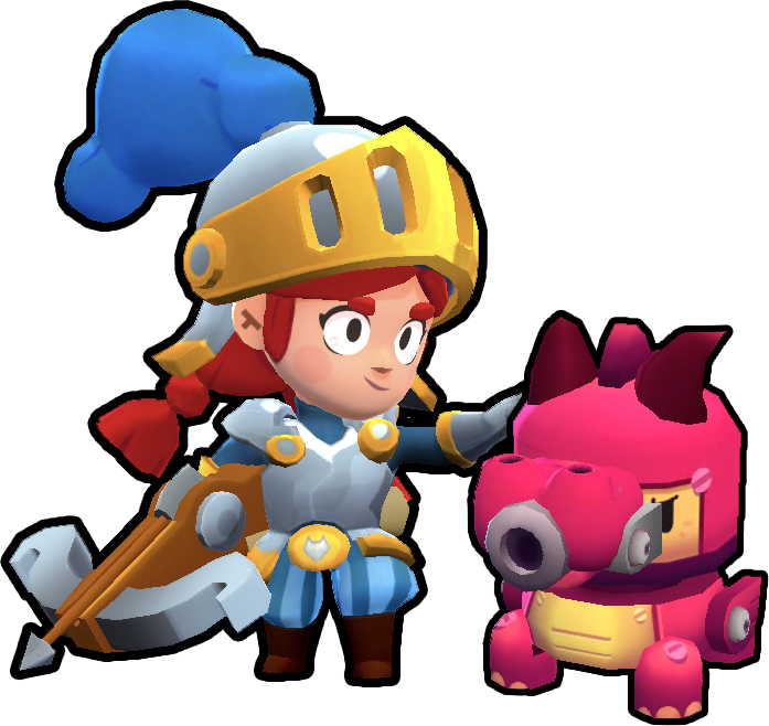 Brawl Stars 騎士與機器人 壁紙 — 一個快樂的裝甲騎士戴著藍色雲朵帽子，站在一隻粉紅色機械恐龍旁邊，場景是風格化的3D渲染遊戲場景。