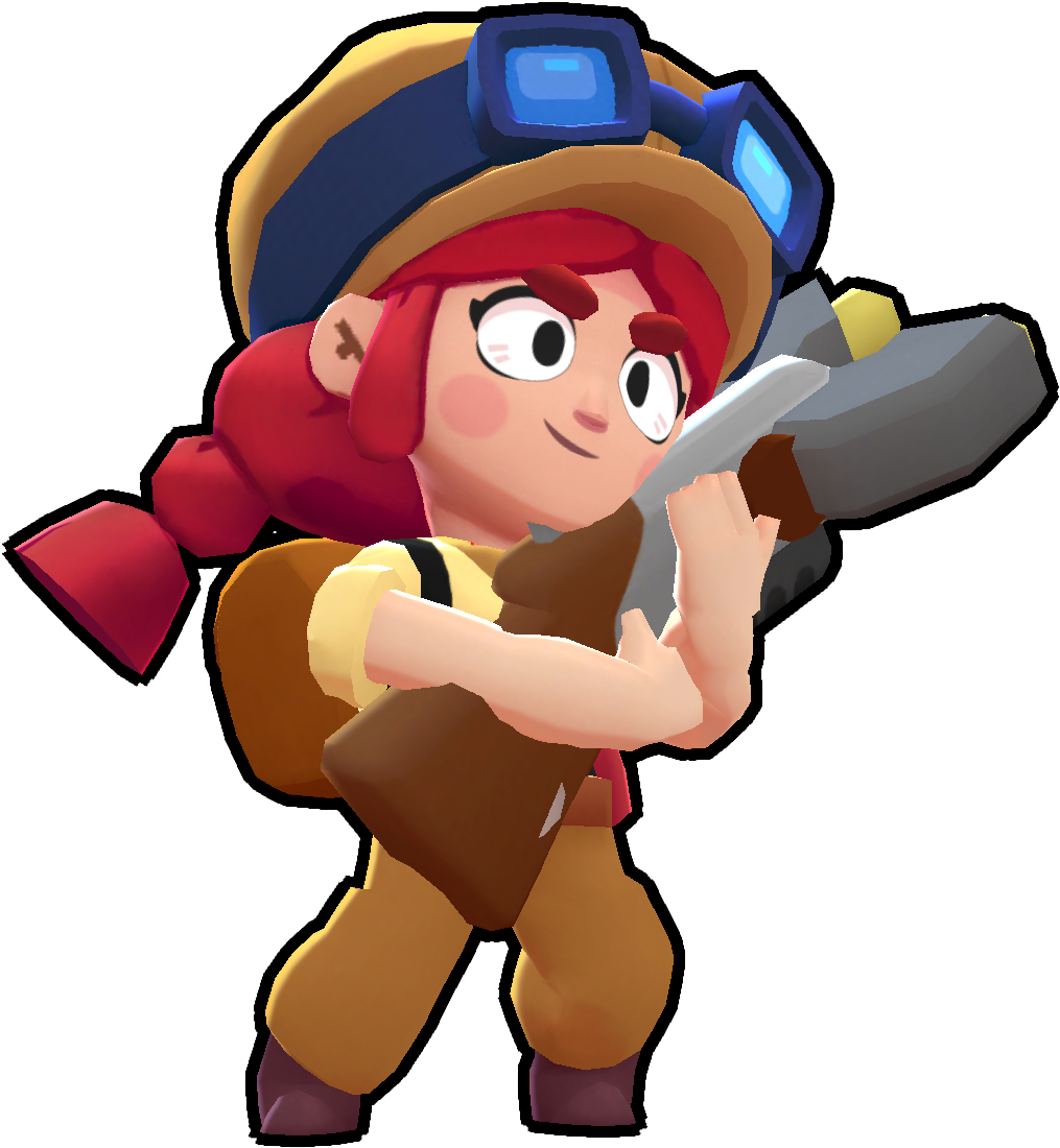 《Brawl Stars》持鏟角色 壁紙 — 一個開心的卡通角色，紅色辮子，戴護目鏡，手持大錘準備行動。