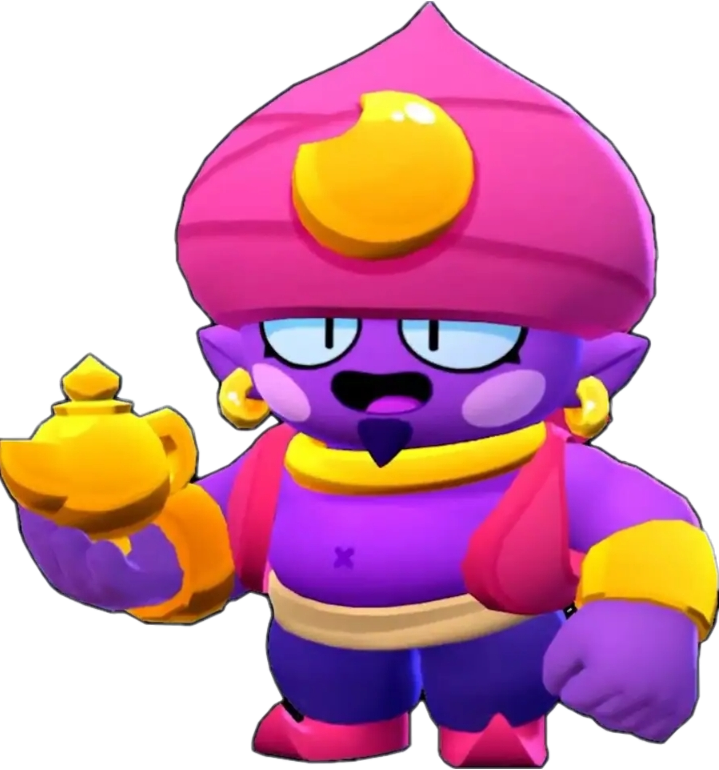 Brawl Stars 角色精靈 壁紙 — 一個紫色卡通精靈，戴著粉紅色頭巾，手持金色神燈，表情驚訝。