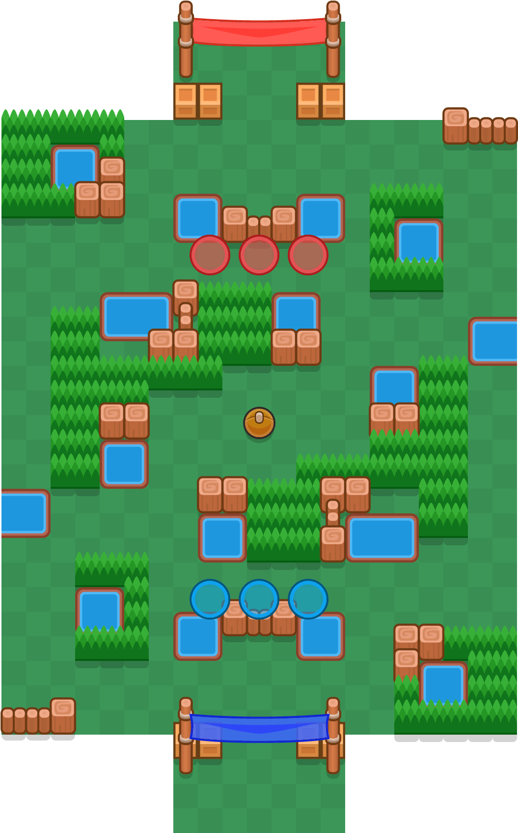 《Brawl Stars》地圖佈局 壁紙 — 俯瞰像素藝術戰場，有綠色草地、藍色水和木製路障，用於遊戲地圖。