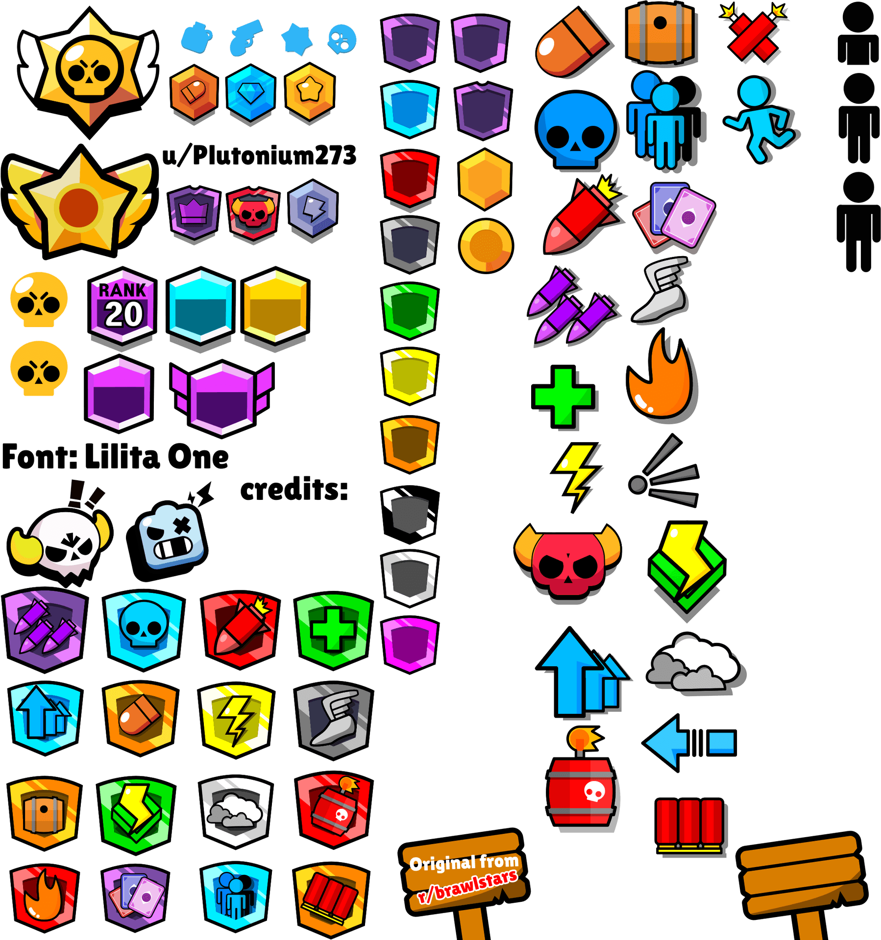 Brawl Stars 圖標集合 壁紙 — 一個充滿活力的網格，包含來自 Brawl Stars 的彩色像素藝術圖標，有骷髏、盾牌、寶石和遊戲物品，背景為黑色。