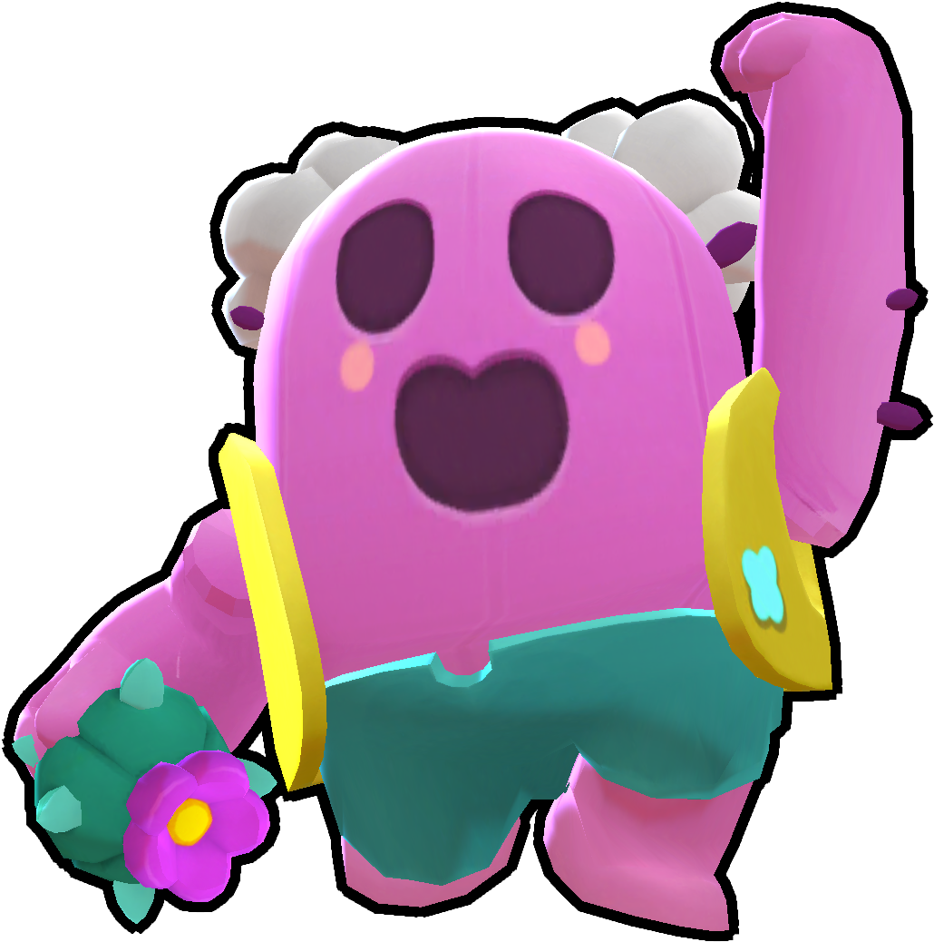《Brawl Stars》粉紅機器人角色 壁紙 — 一個快樂的粉紅色卡通角色，白色頭髮，拿著一朵花和一個黃色盾牌，彎曲手臂。