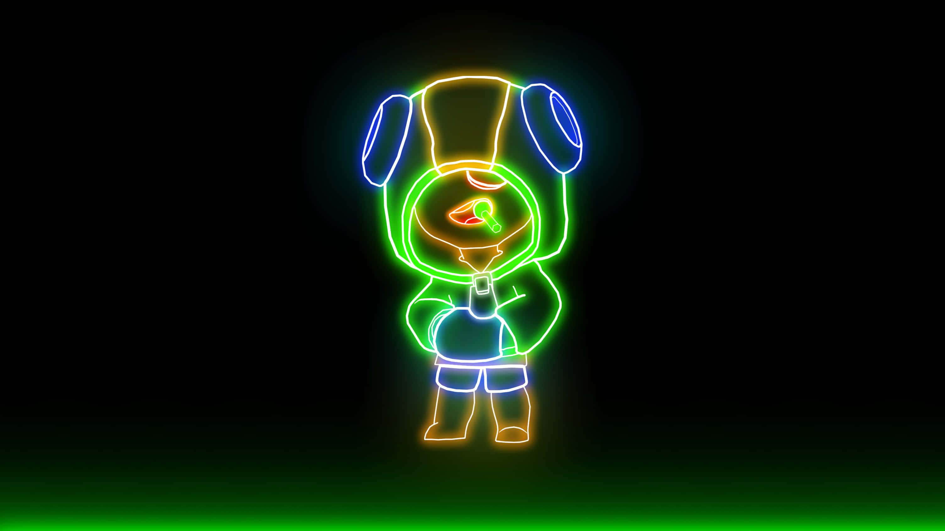 《Brawl Stars》雷恩霓虹造型 壁紙 — 一個發光的霓虹燈廚師角色，以鮮豔的綠色、藍色和黃色勾勒出輪廓，站在深色背景上，帶有綠色地板光芒。