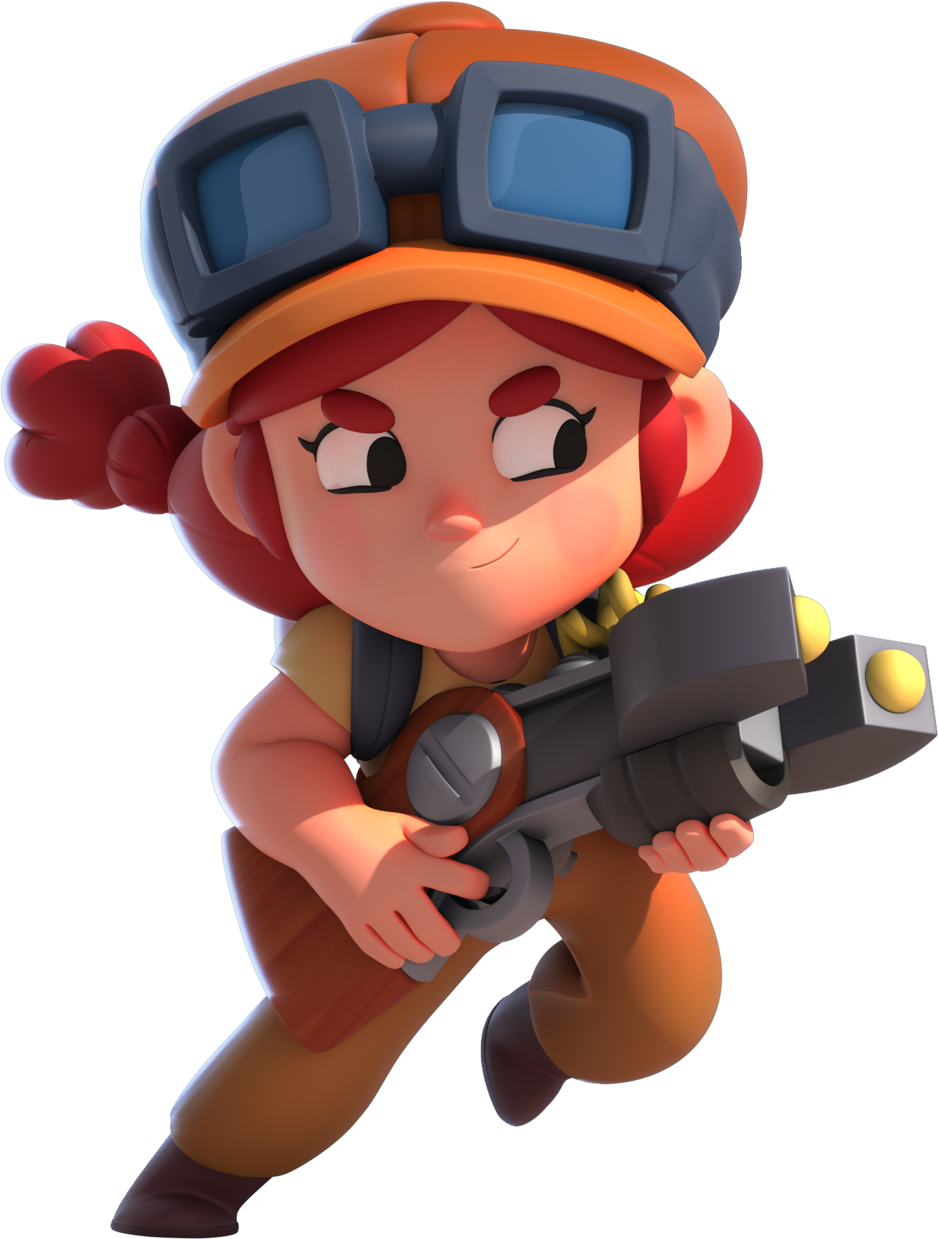 《Brawl Stars》角色傑西 壁紙 — 一個開心的卡通女孩，紅色辮子戴護目鏡，在黑色背景上揮舞未來武器。