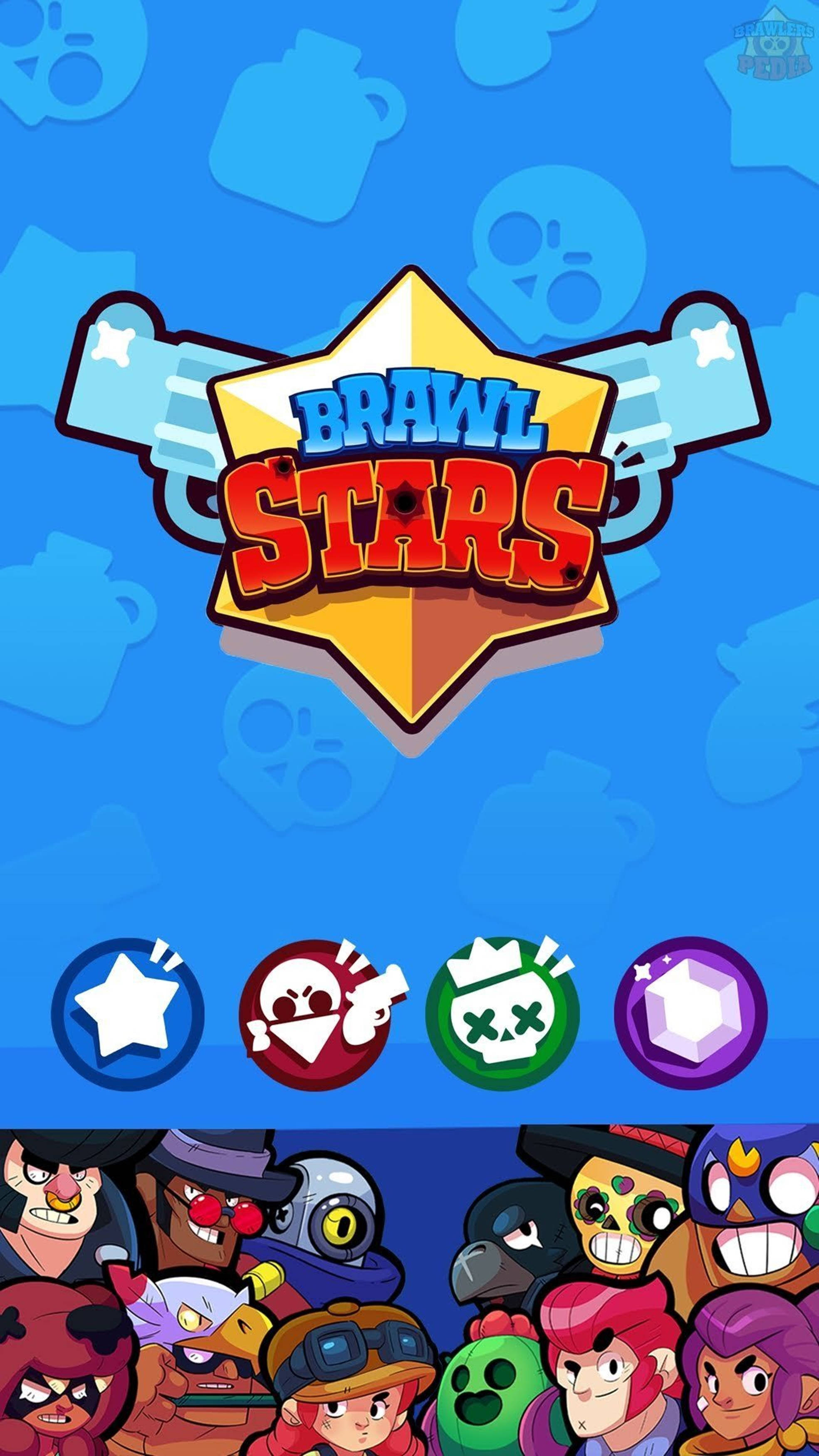 Brawl Stars 桌布 壁紙 — Brawl Stars 充滿活力的卡通遊戲標誌，帶有彩色角色圖標和風格化的骷髏頭，背景為藍色。