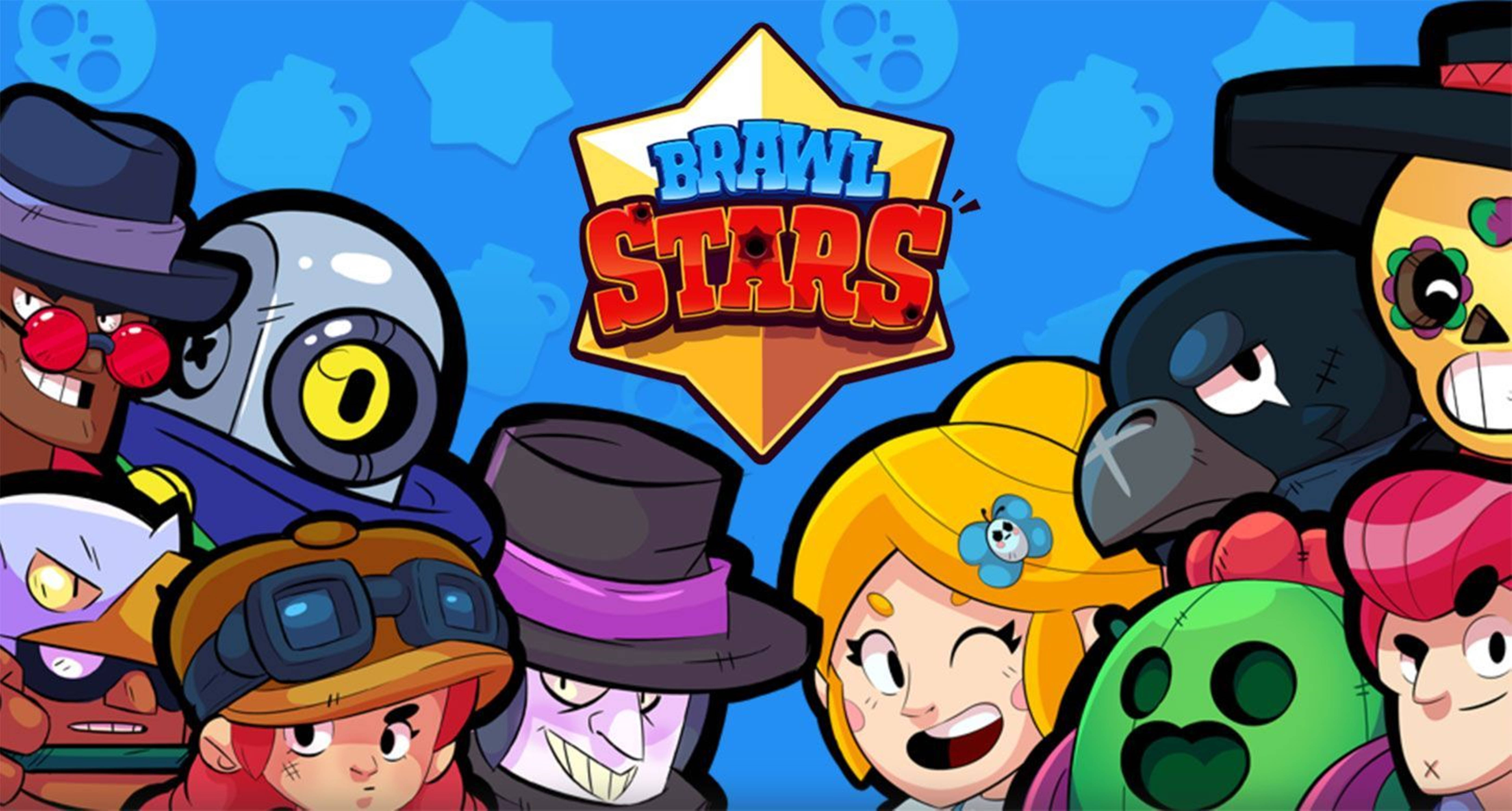 Brawl Stars 桌布 壁紙 — Brawl Stars 嘅鮮明卡通角色喺藍色星空背景圍住遊戲標誌。