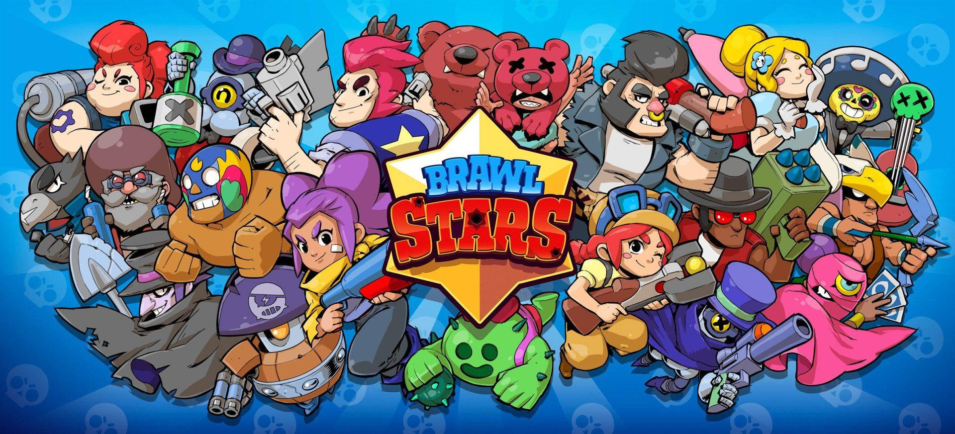 Brawl Stars遊戲角色以彩色卡通風格圍繞標誌擺姿勢