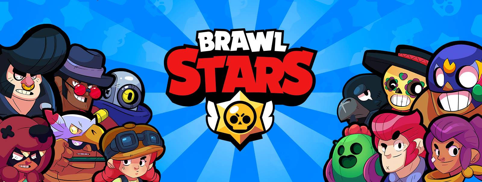 Brawl Stars 遊戲標誌，周圍環繞著色彩繽紛的卡通角色。