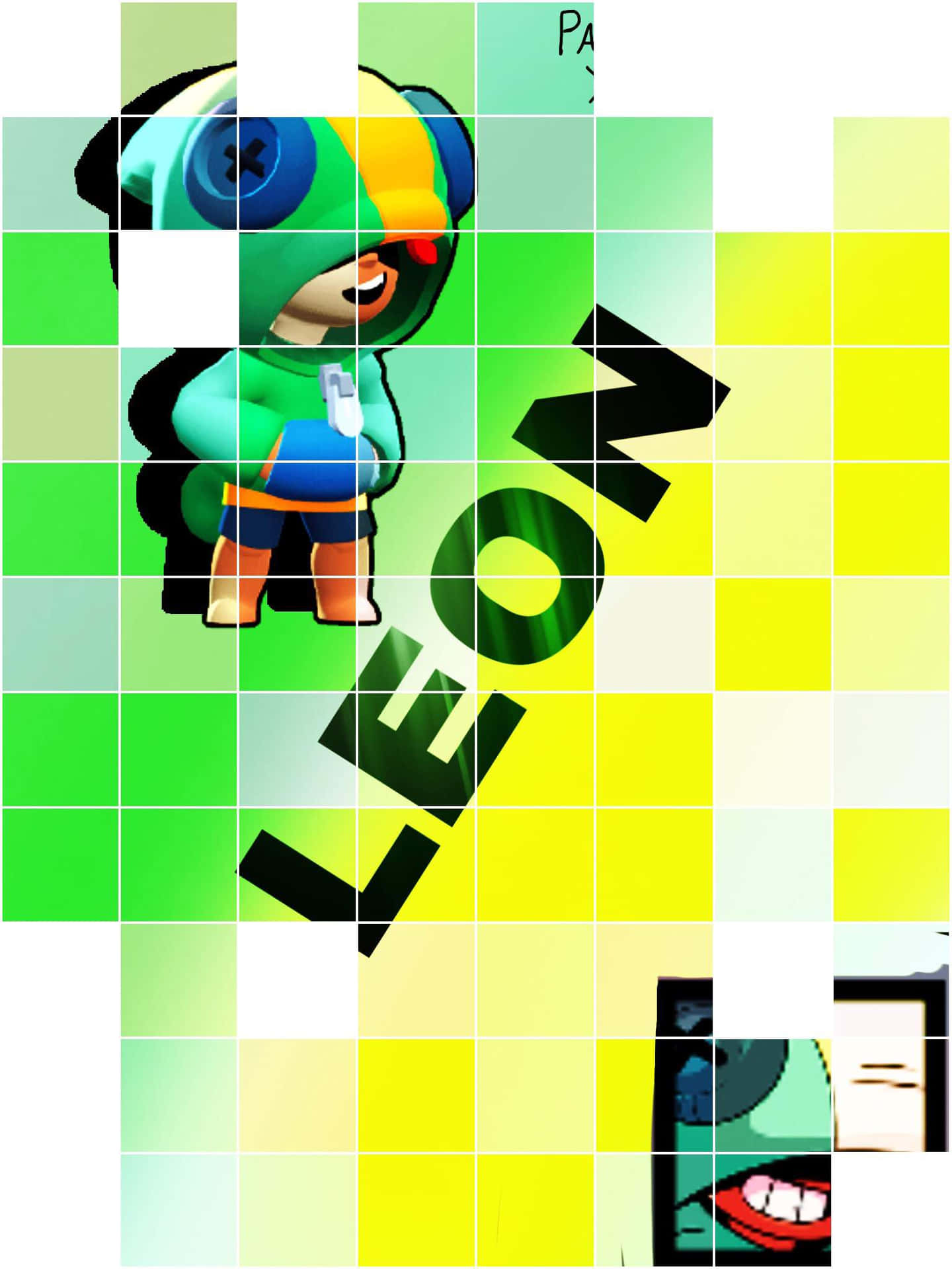卡通角色 Leon 在綠色和黃色的像素網格上，帶有粗體文字。