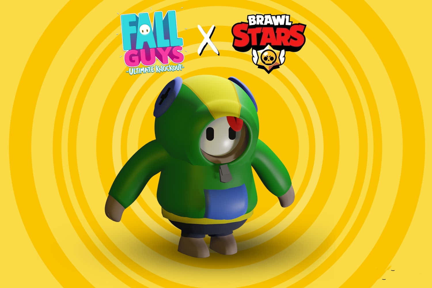 穿著綠色連帽衫的Fall Guys角色，帶有Brawl Stars標誌跨界