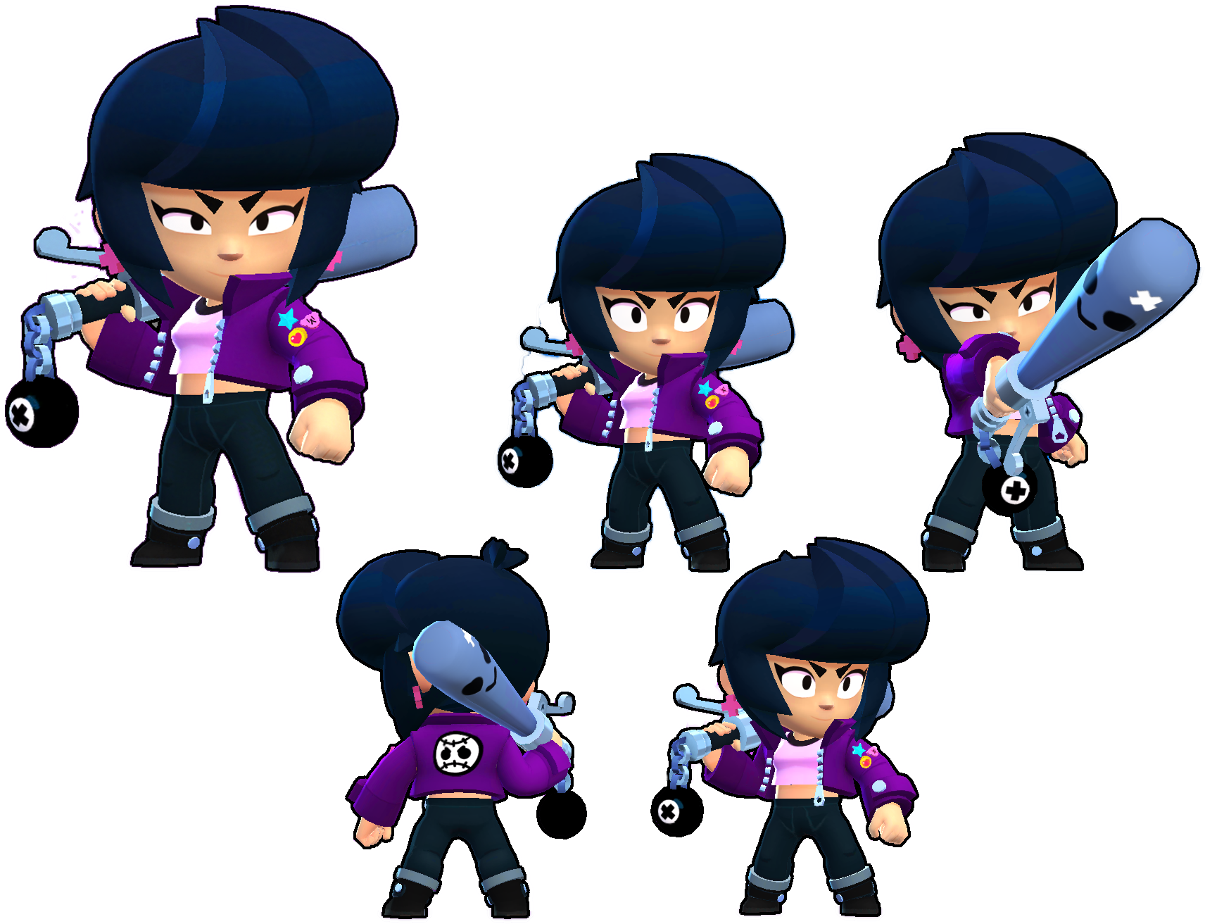 《Brawl Stars》角色雪莉的多種姿勢 壁紙 — 一個風格化的卡通角色，深色頭髮，紫色外套，手持球棒和手榴彈，以多個動態角度擺姿勢。