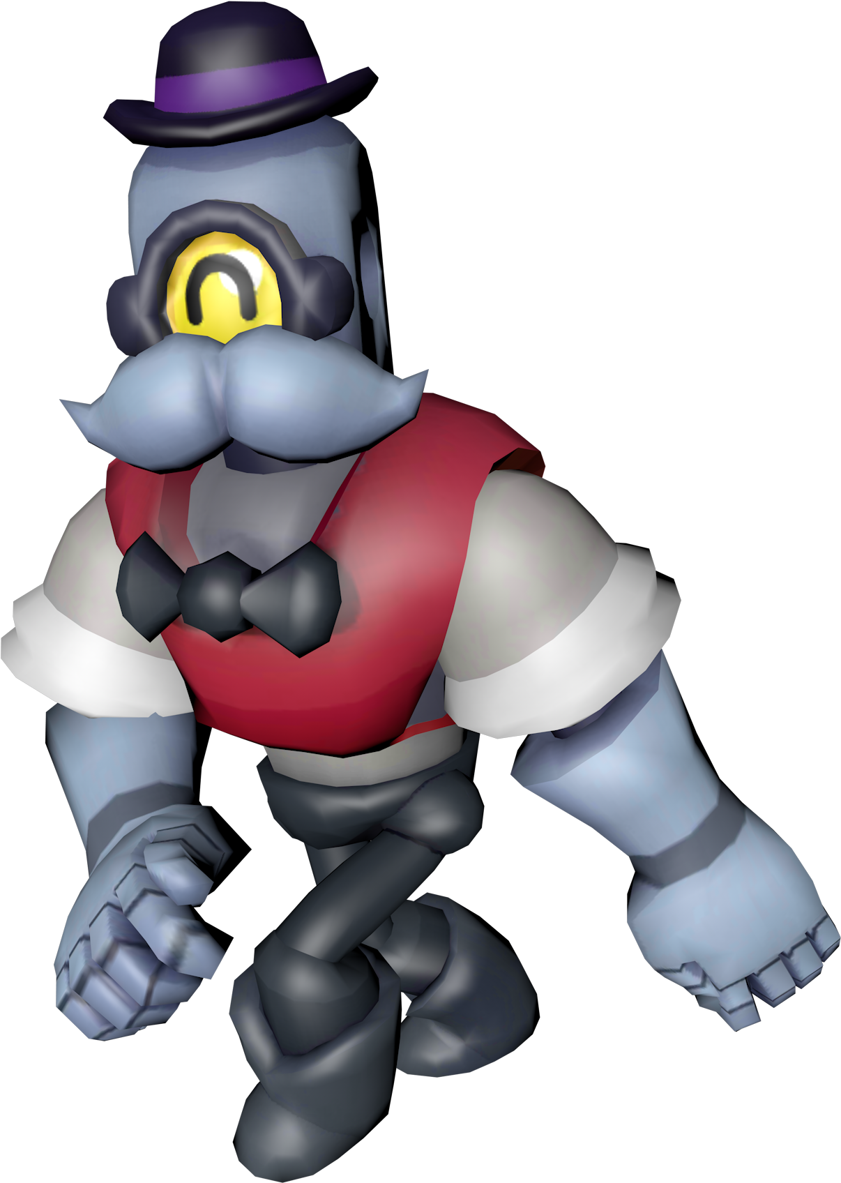 《Brawl Stars》角色Barley 3D渲染 壁紙 — 一個卡通機械人戴著紫色高帽和紅色背心，站在黑色背景前。
