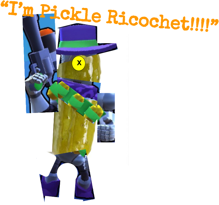《Brawl Stars》角色Ricochet 胡蘿蔔造型 壁紙 — 一個卡通醃黃瓜角色，戴著紫色帽子和綠色腰帶，手持槍支，文字宣稱「我是 Pickle Ricochet!!!!」