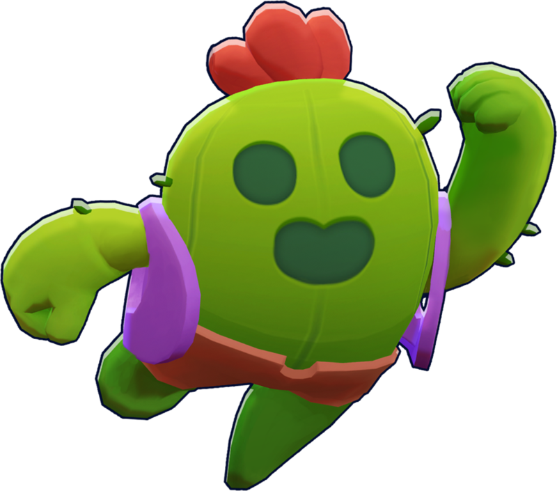 《Brawl Stars》角色Spike 3D渲染 壁紙 — 一個充滿活力的綠色仙人掌角色，紅髮和紫色臂帶，在黑色背景上展示肌肉。