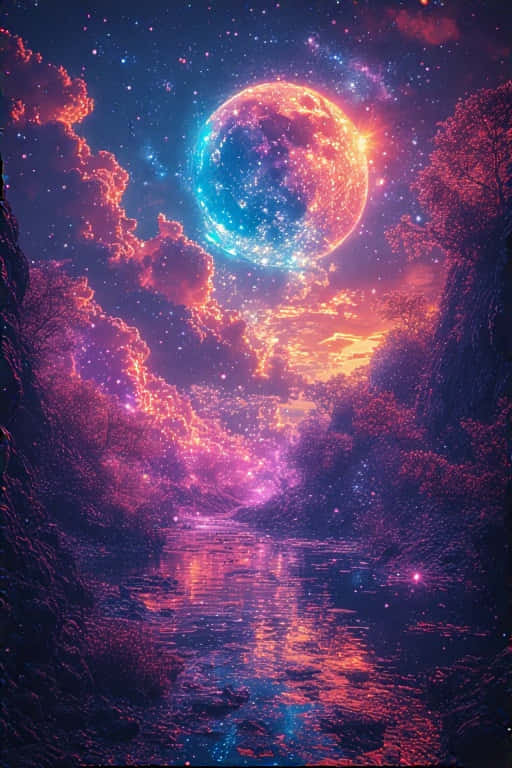 一個發光的宇宙球體漂浮在繁星峽谷上空，下方有一條反射的河流。