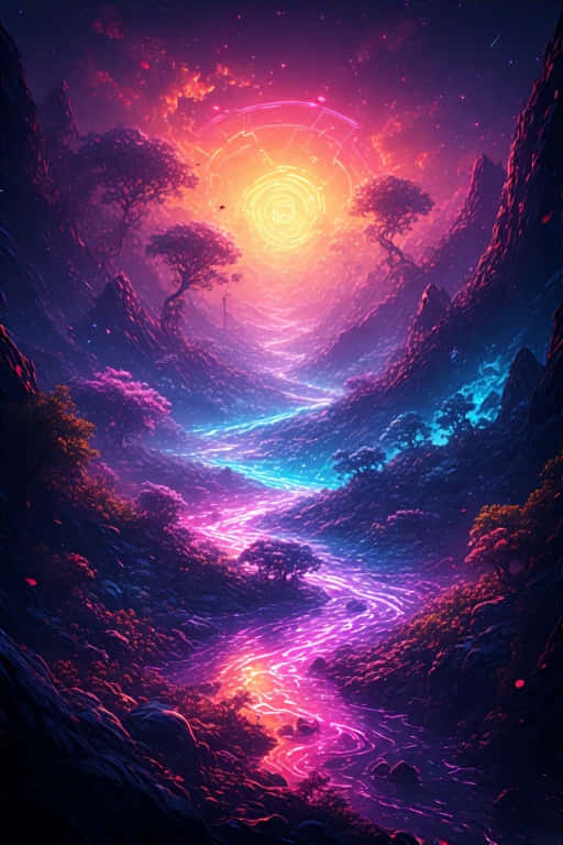 Breathtaking Neon Landscape Vibrant Colors 4K 壁紙 — 一條發光的宇宙河流流經一個超現實的山谷，下方是光芒四射的螺旋太陽，周圍環繞著鋸齒狀的山脈和發光的樹木。