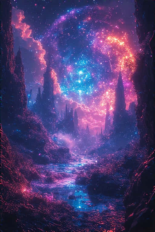 鋸齒狀尖塔峽谷中河流上方發光的宇宙星雲