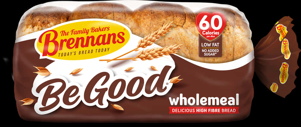 Brennans 全麥麵包包裝 壁紙 — 一條Brennans Be Good全麥麵包，帶有品牌包裝、麥穗和卡路里資訊。