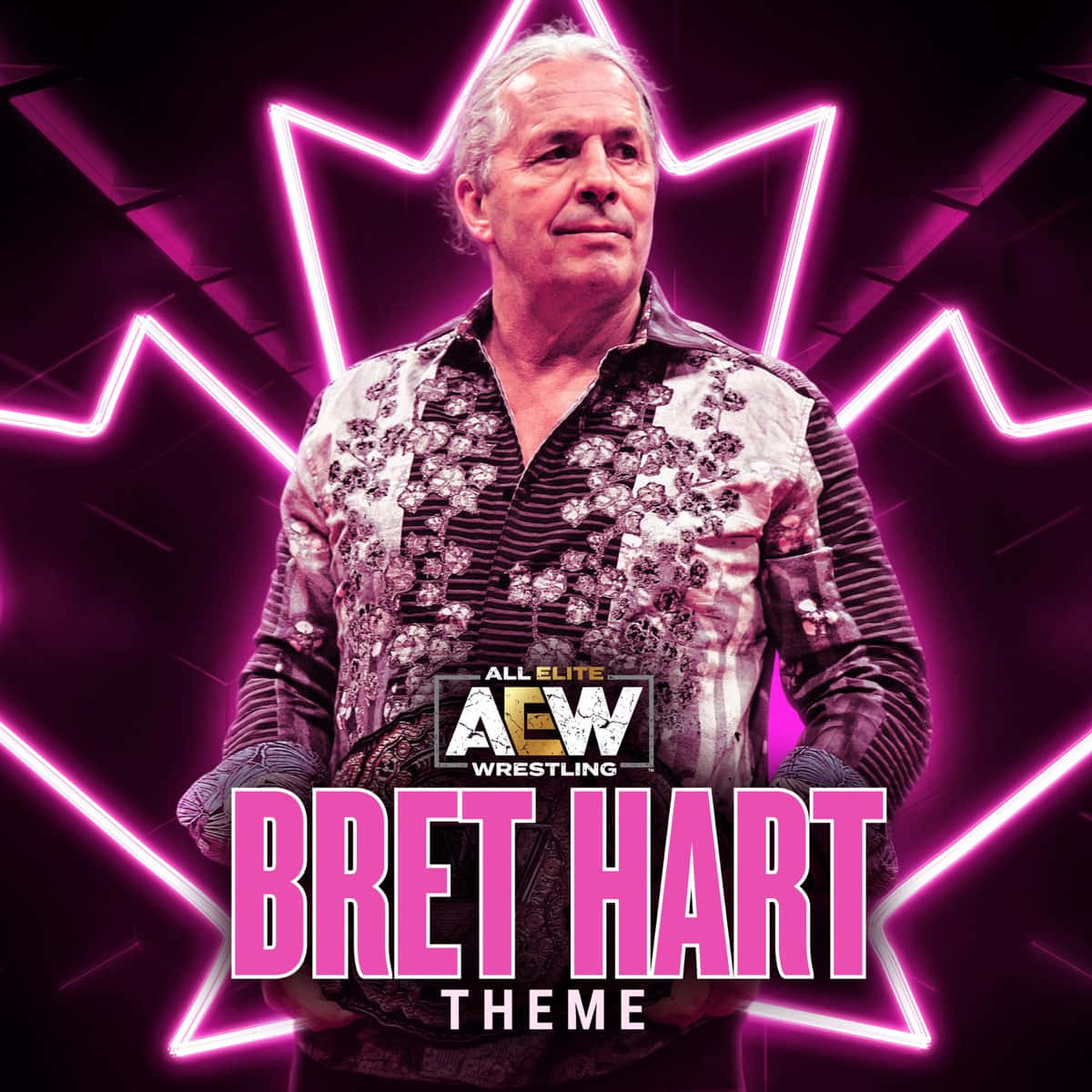 Bret Hart 穿著圖案襯衫，背景為霓虹粉紅色星爆效果及AEW主題文字。