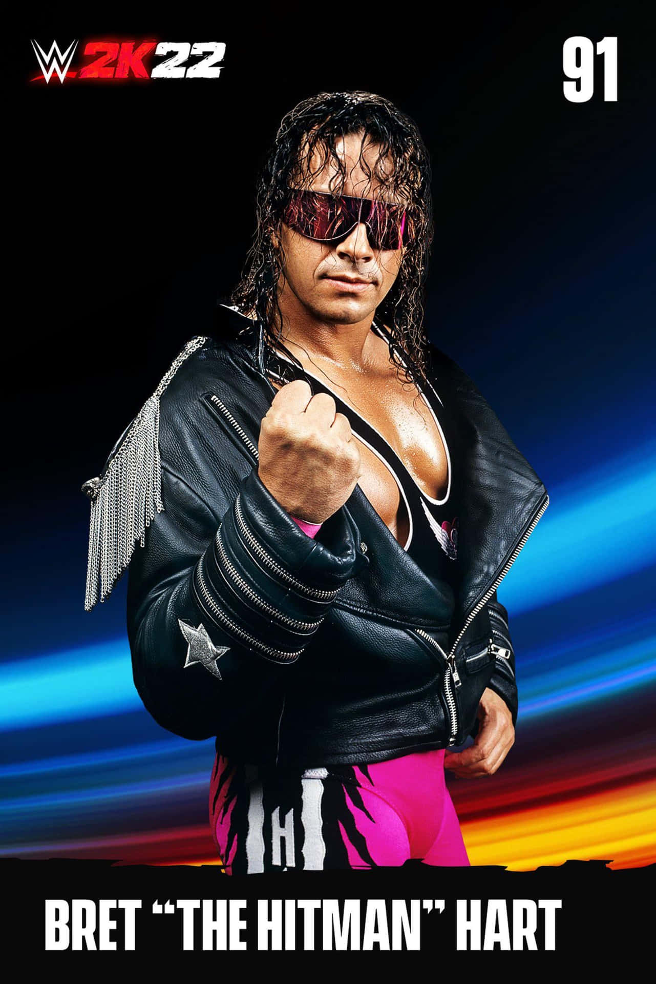 摔角手 Bret Hart 身穿皮褸和粉紅色褲，舉起拳頭擺姿勢。