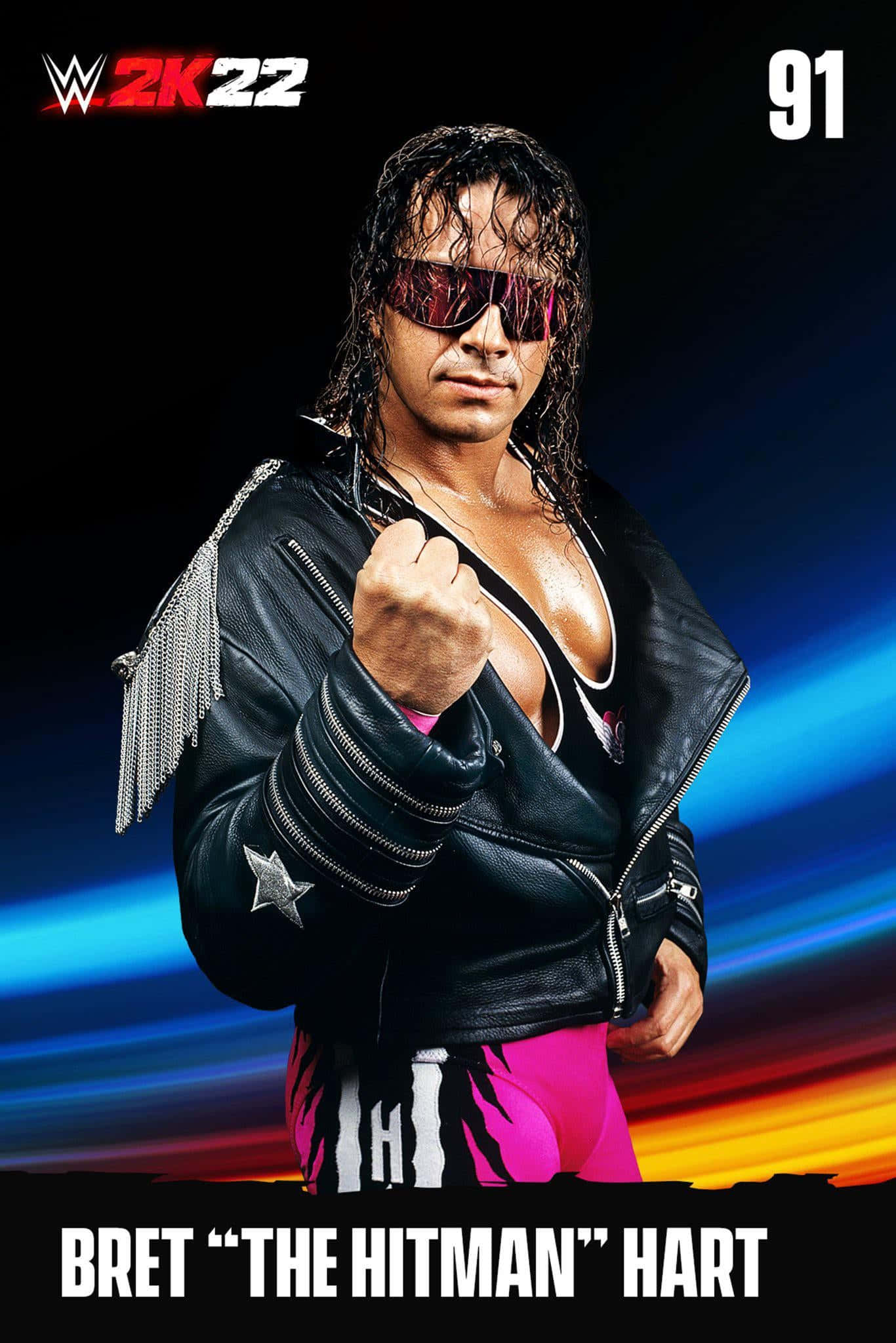 Bret Hart「Hitman」海報 壁紙 — Bret Hart 身穿黑色皮褸配銀色流蘇和粉紅色摔角褲，在充滿活力的藍橙漸變背景前自信地擺姿勢。