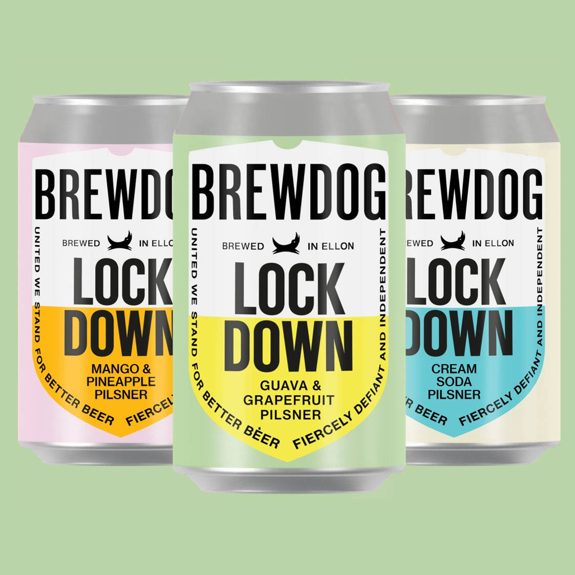 BrewDog Lock Down 多種口味 壁紙 — 三款色彩繽紛的BrewDog Lockdown啤酒罐，口味包括芒果、菠蘿、番石榴、西柚和忌廉梳打，放在柔和的綠色背景前。