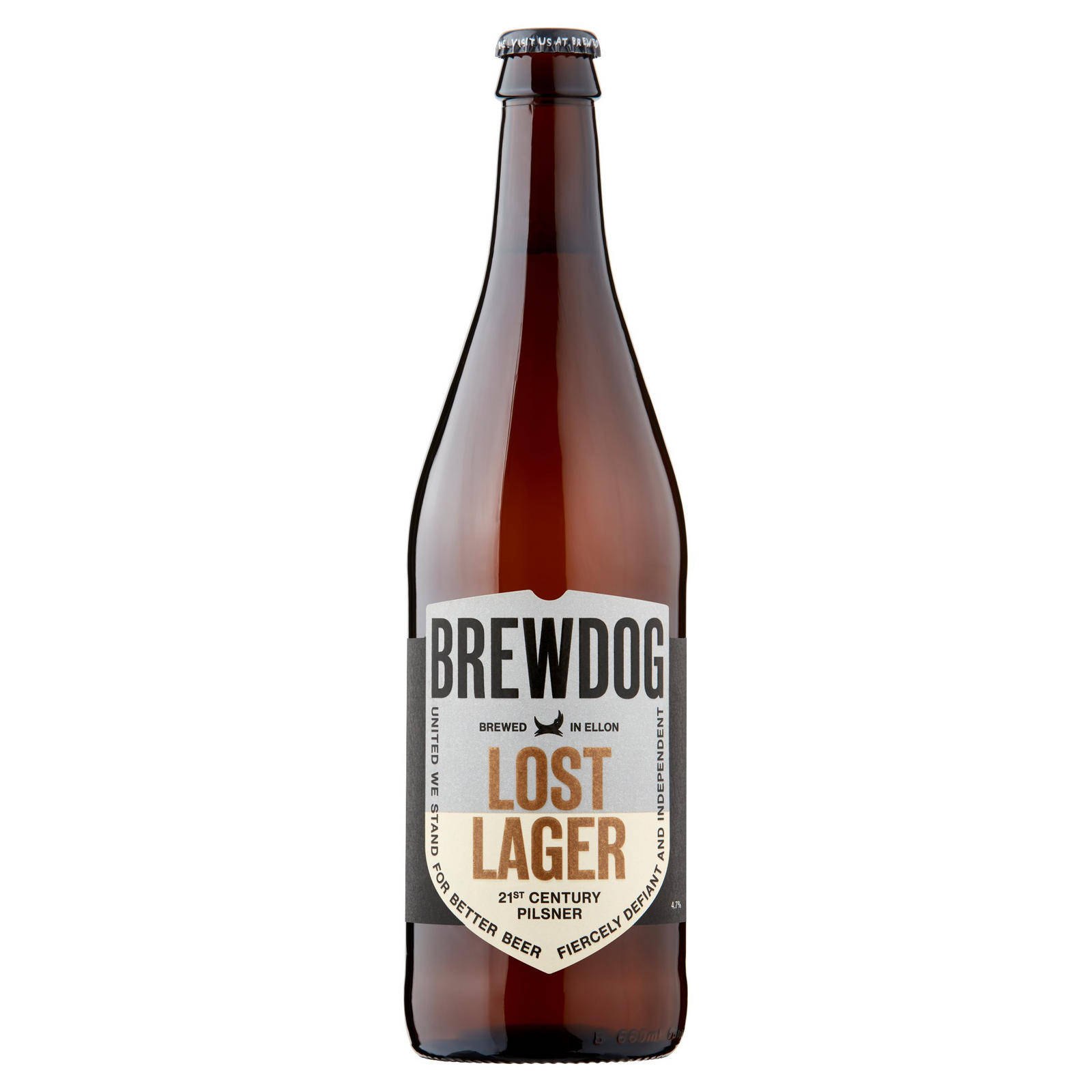 BrewDog Lost Lager 啤酒瓶 壁紙 — BrewDog Lost Lager 啤酒的高身棕色玻璃瓶，白色標籤上帶有粗體黑色和橙色文字，背景為純白色。