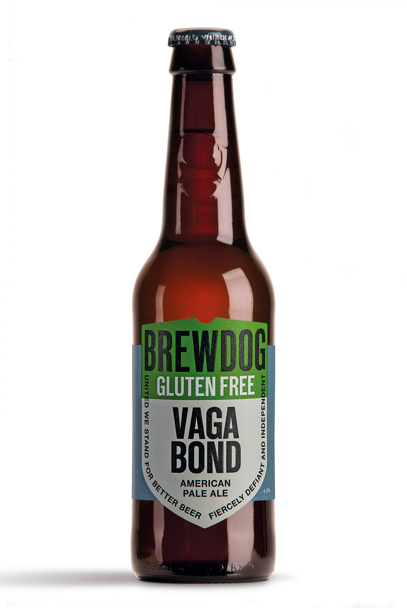 BrewDog Vaga Bond 無麩質啤酒 壁紙 — BrewDog Vaga Bond 無麩質美國淡色艾爾啤酒的棕色高玻璃瓶，孤立地矗立在純白色背景前。