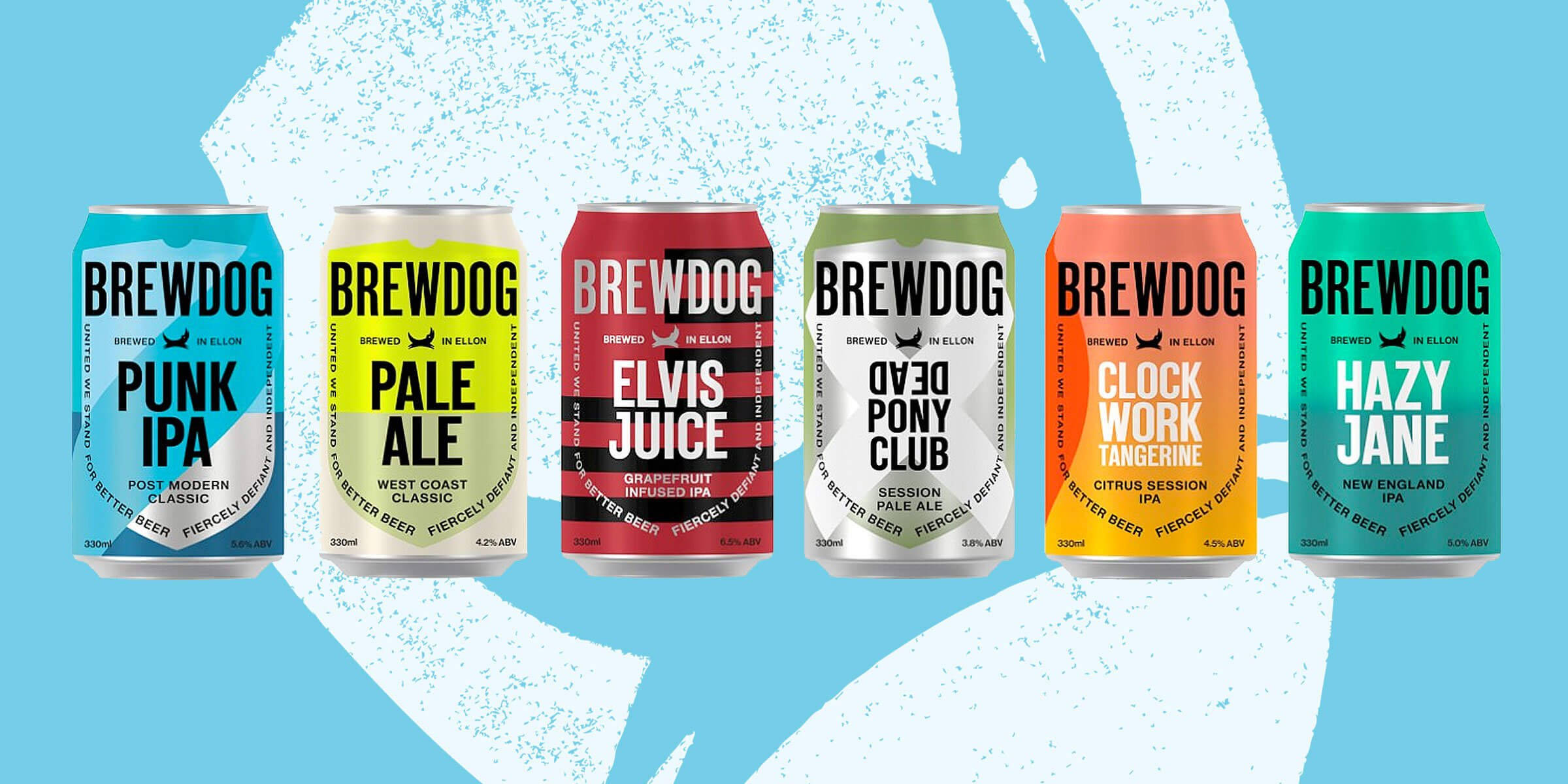 多款 BrewDog 啤酒罐 壁紙 — 六個色彩繽紛的BrewDog啤酒罐以鮮豔色調排列在淺藍色抽象潑濺背景上。