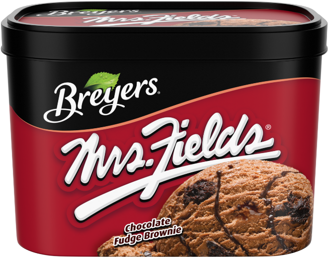 Breyers與Mrs. Fields巧克力布朗尼冰淇淋 壁紙 — 一個大膽的紅色桶裝Breyers Mrs Fields朱古力軟糖布朗尼雪糕，帶有誘人的軟糖塊漩渦。