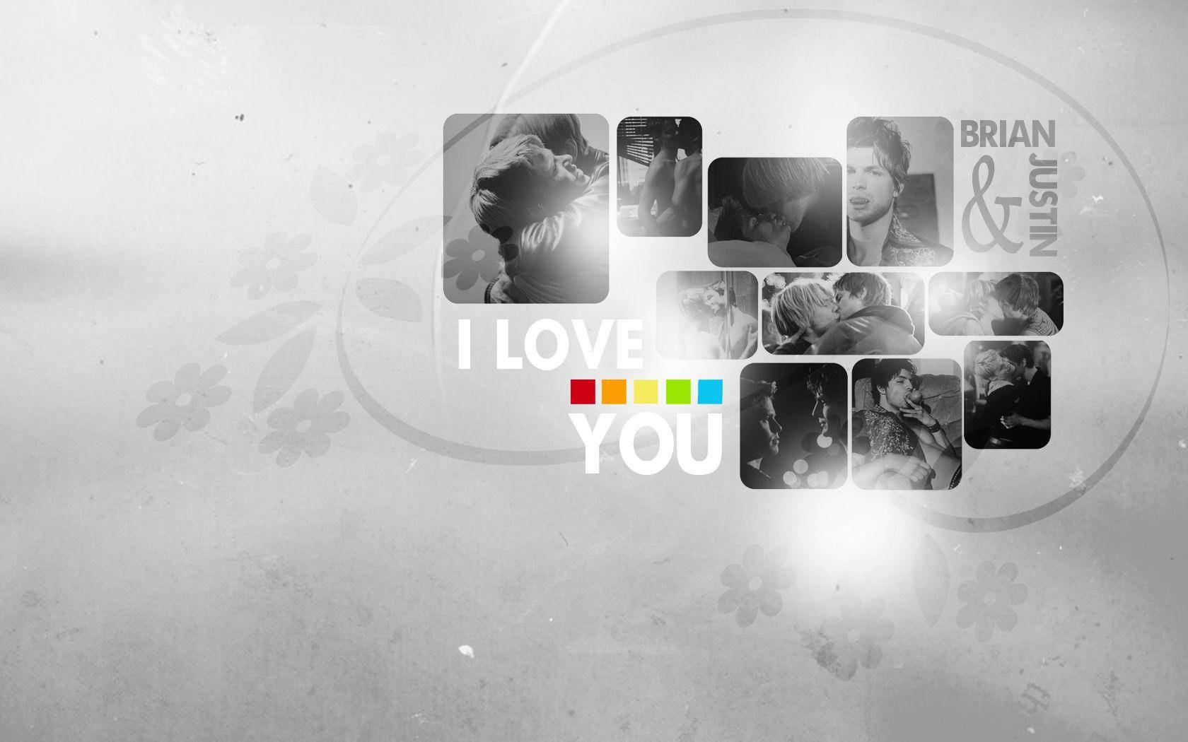 彩虹 桌布 壁紙 — Brian 和 Justin 的黑白浪漫照片拼貼，帶有彩色 'I LOVE YOU' 文字，背景為紋理灰色。